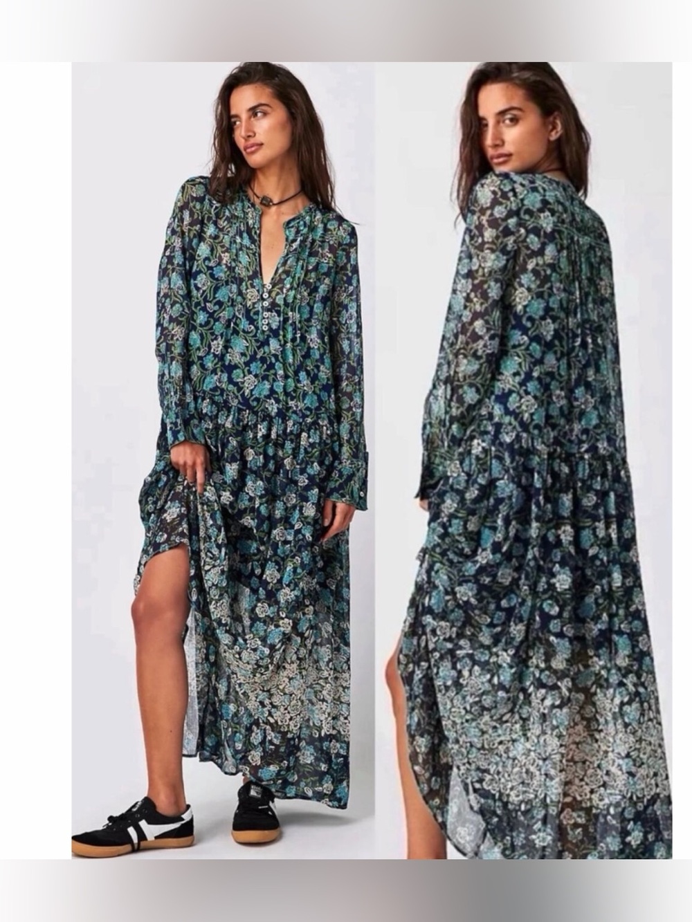 Free people Bohemian See it through Maxi Dress Twilight Floral Small Oversized